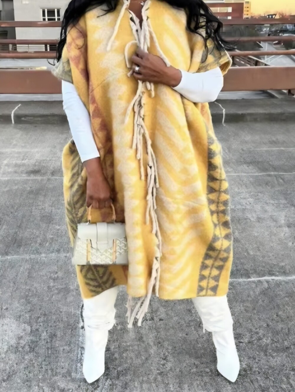 Women’s Yellow Patterned Fringe Duster Sweater